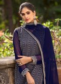Blue Straight Salwar Kameez in Silk with Embroidered - 1