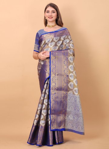 Blue Traditional Saree in Organza with Woven