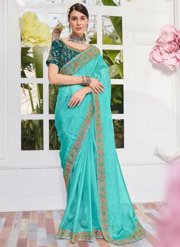Blue Trendy Saree in Organza with Embroidered