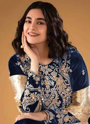 Blue Velvet Embroidered Trendy Pakistani Suit for Ceremonial