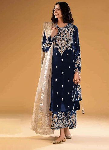 Blue Velvet Embroidered Trendy Pakistani Suit for 