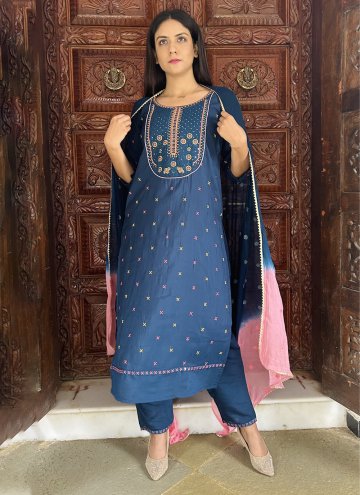 Blue Viscose Embroidered Pant Style Suit