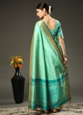 Border Raw Silk Turquoise Contemporary Saree - 2