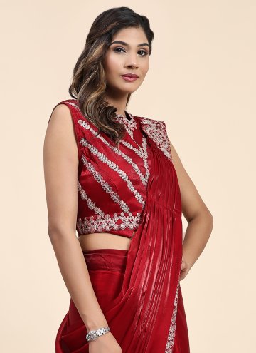 Border Satin Silk Red Trendy Saree