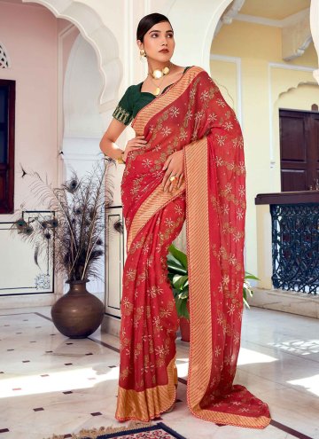 Brasso Georgette Contemporary Saree in Red Enhanced with Foil Print