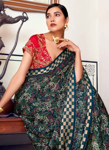Brasso Georgette Printed Sarees in Teal Enhanced with Foil Print