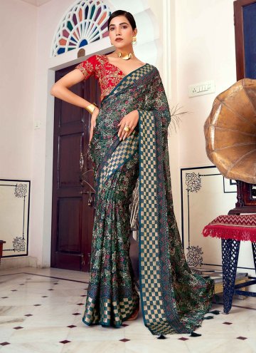 Brasso Georgette Printed Sarees in Teal Enhanced w
