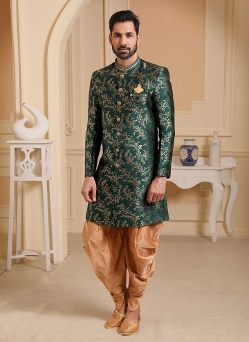 Brocade Indo Western in Green Enhanced with Jacquard Work