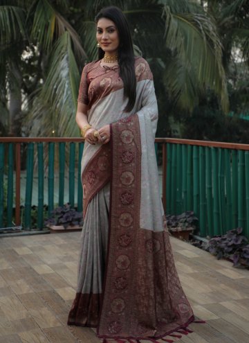 Brown and Grey Trendy Saree in Kanjivaram Silk wit