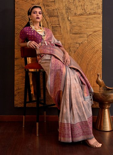 Brown and Purple Handloom Silk Woven Contemporary Saree