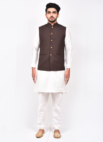 Brown and White color Buttons Art Silk Kurta Payjama With Jacket