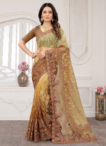 Brown and Yellow Net Cord Designer Saree for Engagement