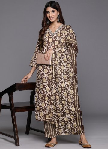 Brown Blended Cotton Printed Salwar Suit for Ceremonial