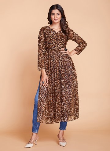 Brown Casual Kurti in Faux Georgette with Printed