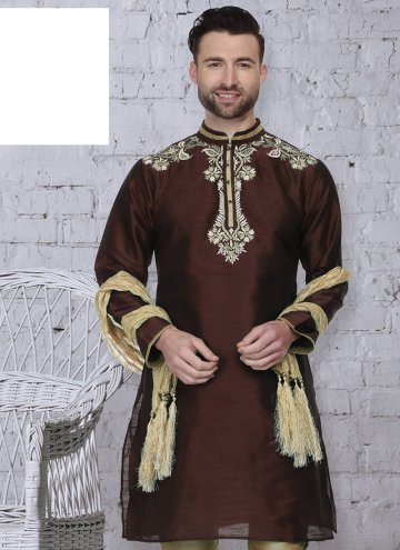 Brown color Art Dupion Silk Kurta with Embroidered