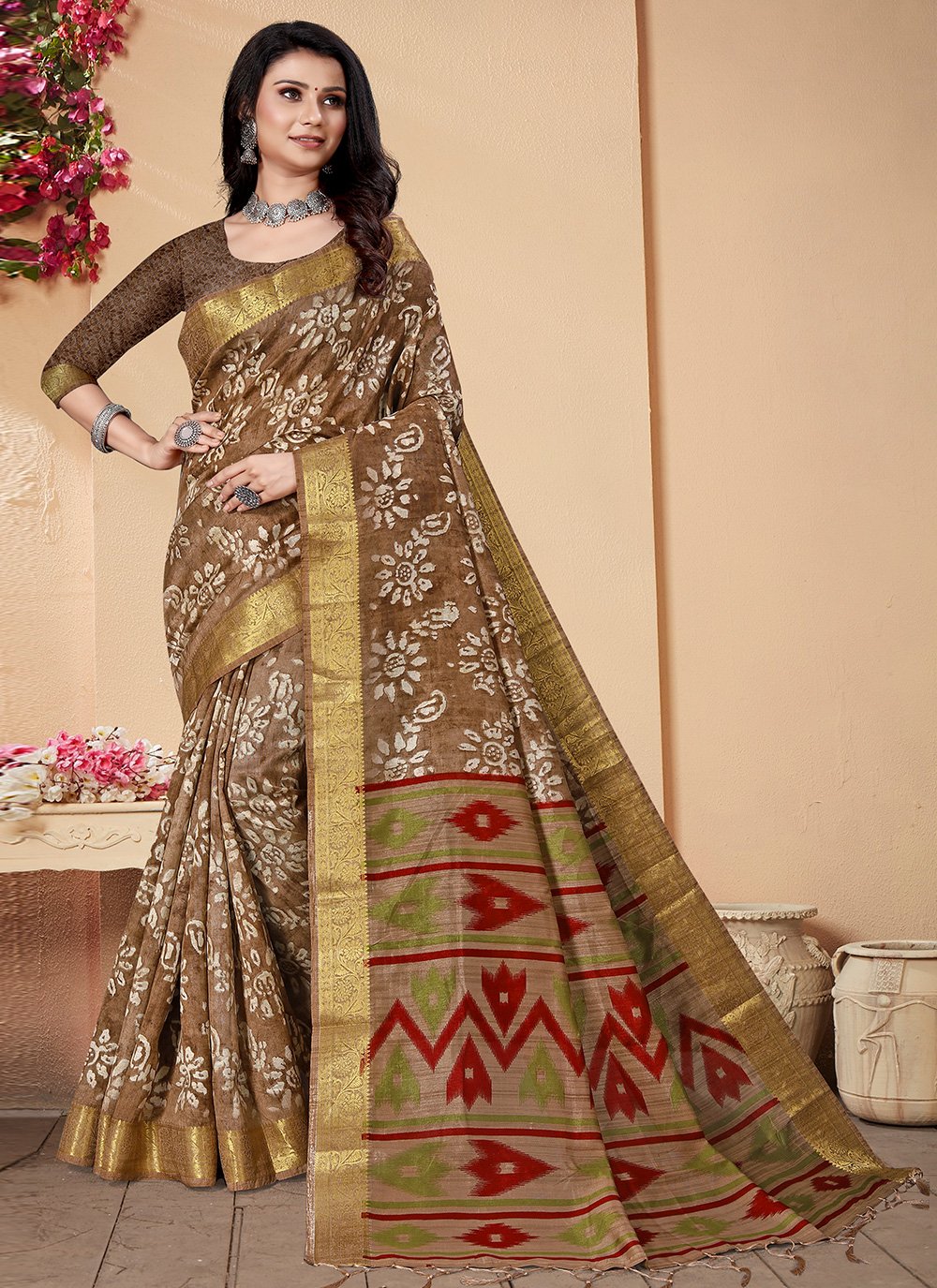 Brown color Banarasi Designer Saree with Border
