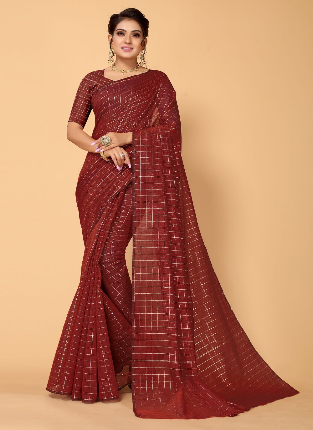 Brown color Blended Cotton Trendy Saree with Woven