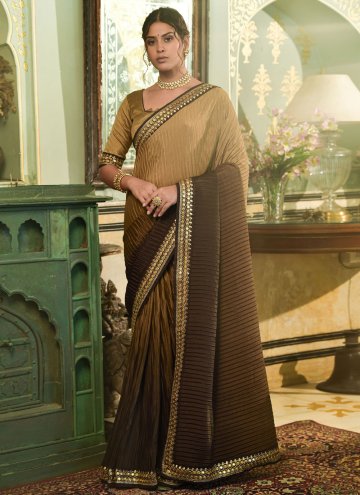 Brown color Chinon Trendy Saree with Embroidered