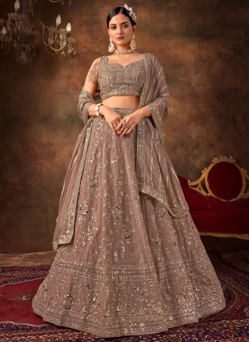 Brown color Faux Georgette A Line Lehenga Choli with Embroidered