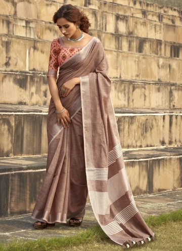 Brown color Linen Designer Saree with Print