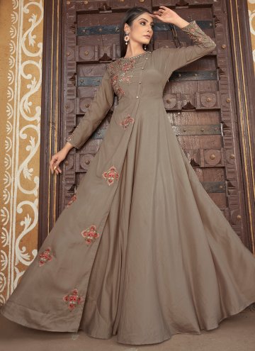 Brown color Muslin Readymade Designer Gown with Embroidered