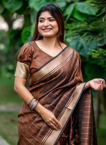 Brown color Tussar Silk Contemporary Saree with Woven