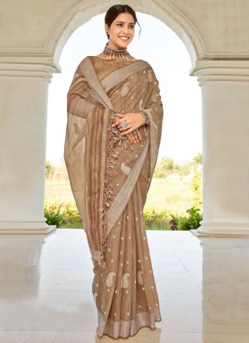 Brown Cotton  Embroidered Casual Saree for Festiva