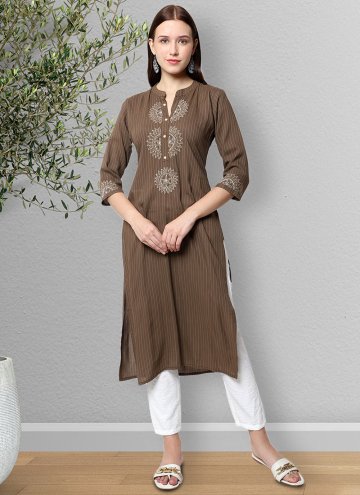 Brown Cotton  Embroidered Designer Kurti for Casual