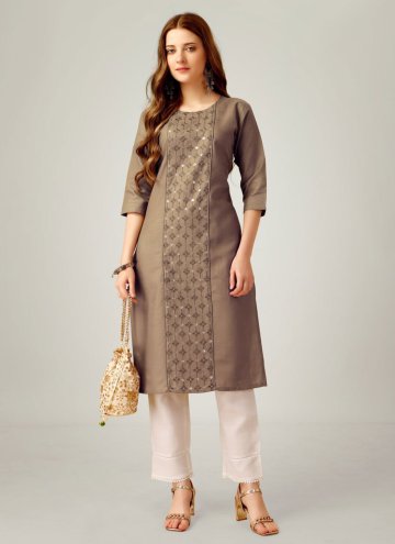 Brown Cotton  Embroidered Party Wear Kurti