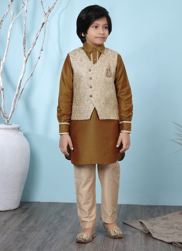 Brown Cotton Silk Jacquard Work Kurta Payjama With Jacket