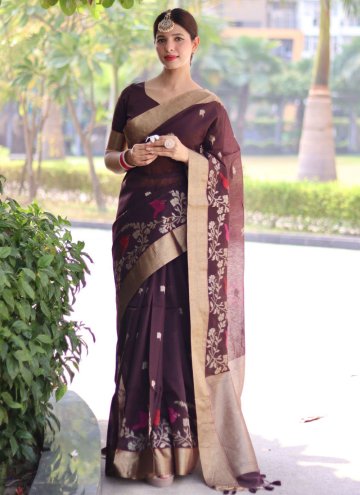 Brown Cotton Silk Woven Classic Designer Saree for Casual