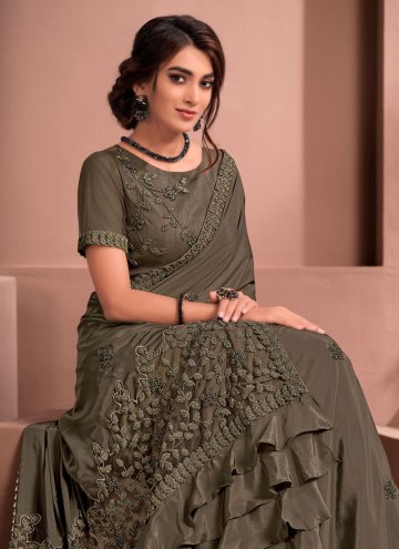 Brown Crepe Silk Embroidered Classic Designer Saree for Ceremonial