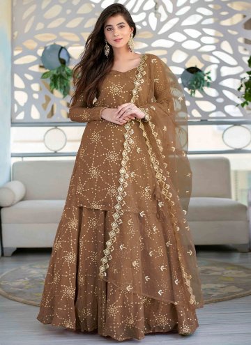 Brown Faux Georgette Embroidered A Line Lehenga Choli for Ceremonial