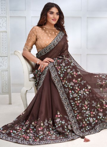 Brown Georgette Embroidered Trendy Saree for Engagement
