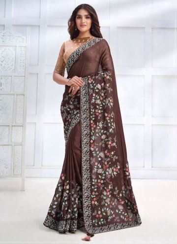 Brown Georgette Embroidered Trendy Saree for Engag
