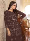 Brown Gown in Faux Georgette with Embroidered - 1