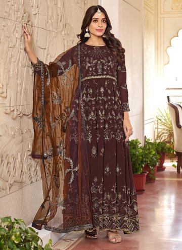 Brown Gown in Faux Georgette with Embroidered