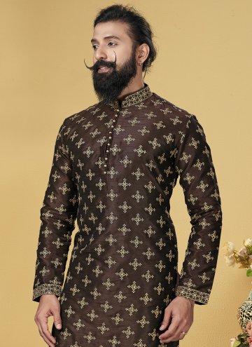 Brown Kurta Pyjama in Art Dupion Silk with Embroidered