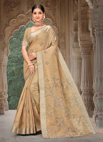 Brown Linen Embroidered Contemporary Saree