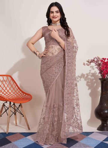 Brown Net Embroidered Designer Saree for Casual