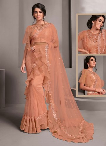Brown Net Embroidered Trendy Saree