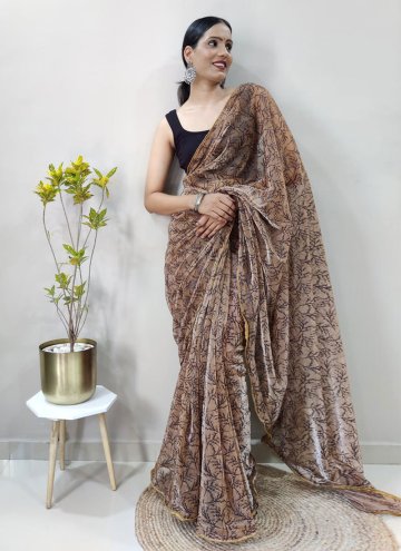 Brown Net Print Classic Designer Saree for Casual