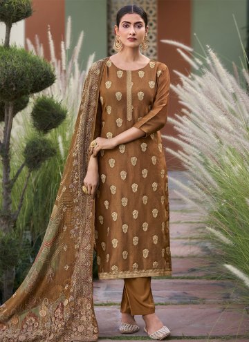 Brown Pure Silk Jacquard Work Trendy Salwar Suit