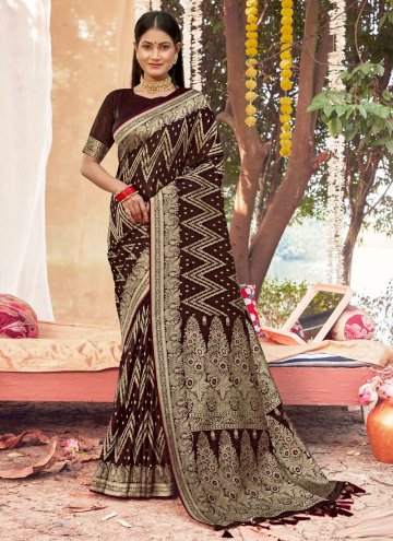 Brown Satin Silk Woven Classic Designer Saree for 