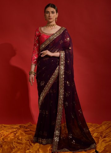 Burgundy Georgette Embroidered Trendy Saree for Ca