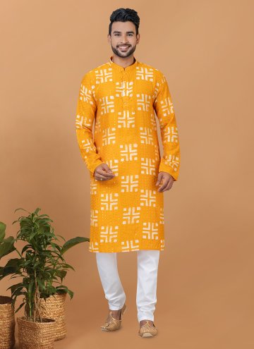Chanderi Kurta Pyjama in Mustard Enhanced with Embroidered