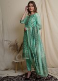 Chanderi Pant Style Suit in Green Enhanced with Digital Print - 1