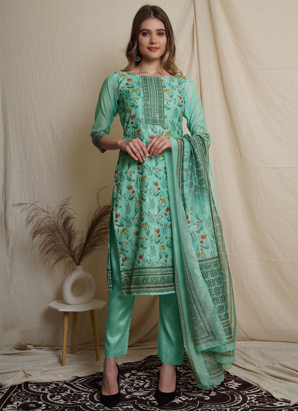 Chanderi Pant Style Suit in Green Enhanced with Digital Print