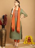 Chanderi Salwar Suit in Green Enhanced with Embroidered - 1