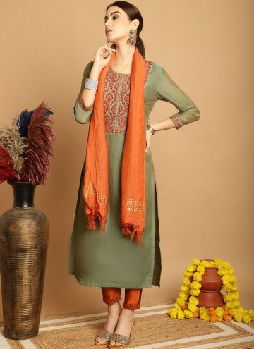Chanderi Salwar Suit in Green Enhanced with Embroidered